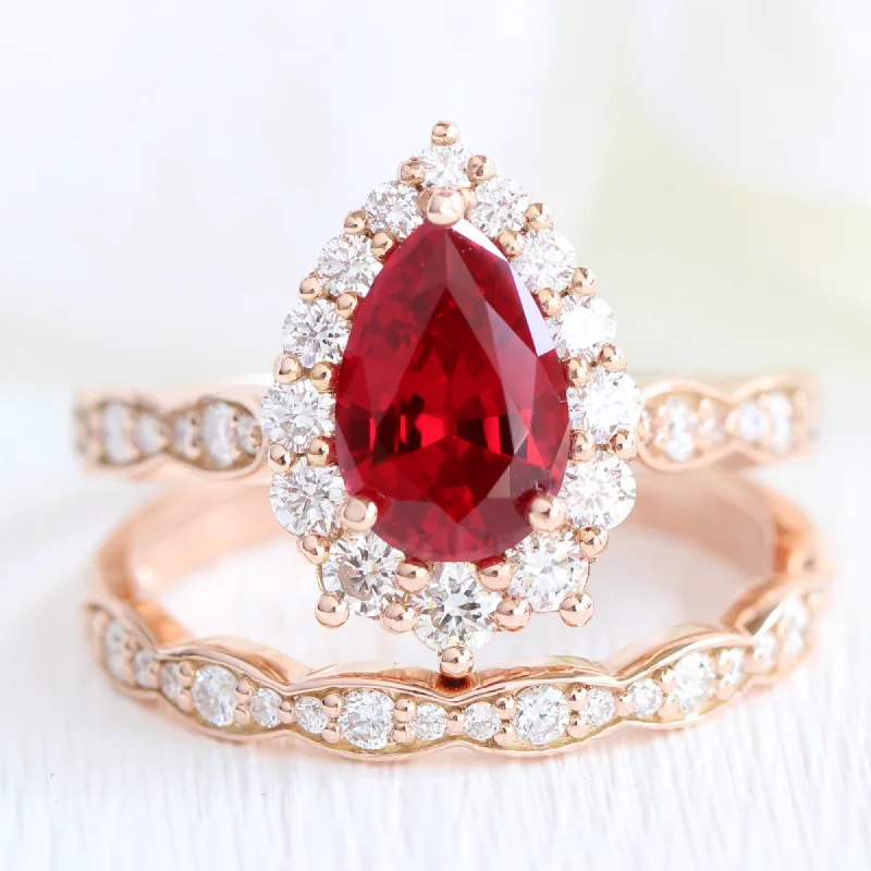 luxury emerald engagement rings for women -Large Tiara Halo Pear Ruby Ring Set w/ Scalloped Diamond Wedding Band