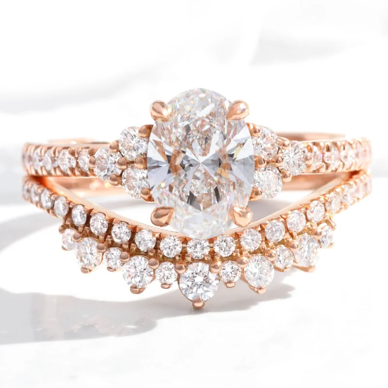 simple diamond engagement rings -1.92 Ct. Oval Lab Diamond 3 Stone Ring Set w/ Crown Wedding Band in Stella Setting