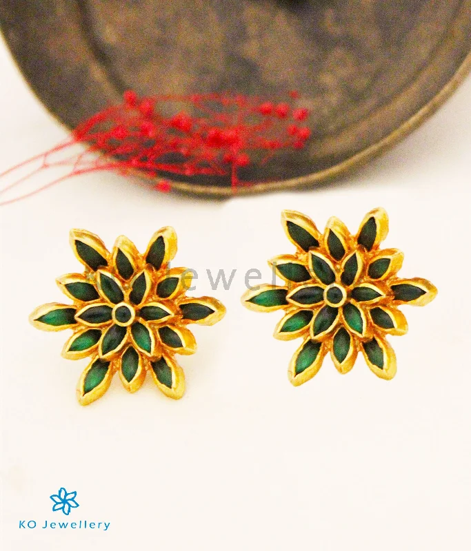 cute earrings for women -The Padma Silver Lotus Ear-studs (Green)