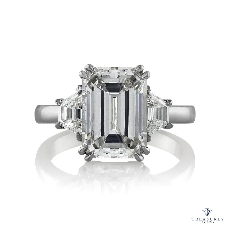 cushion halo engagement rings -GIA 4.29ct EMERALD Cut & Trapezoids 3 Stone Diamond Engagement Platinum Ring