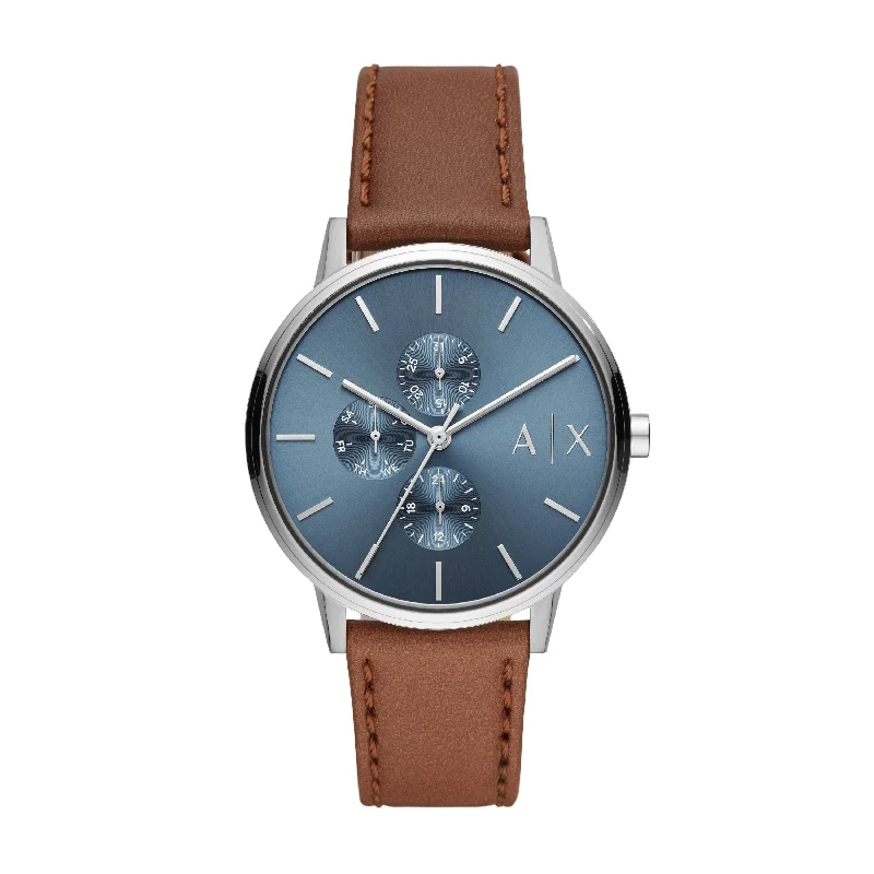 ARMANI EXCHANGE  BLUE FACE BROWN LEATHER BAND