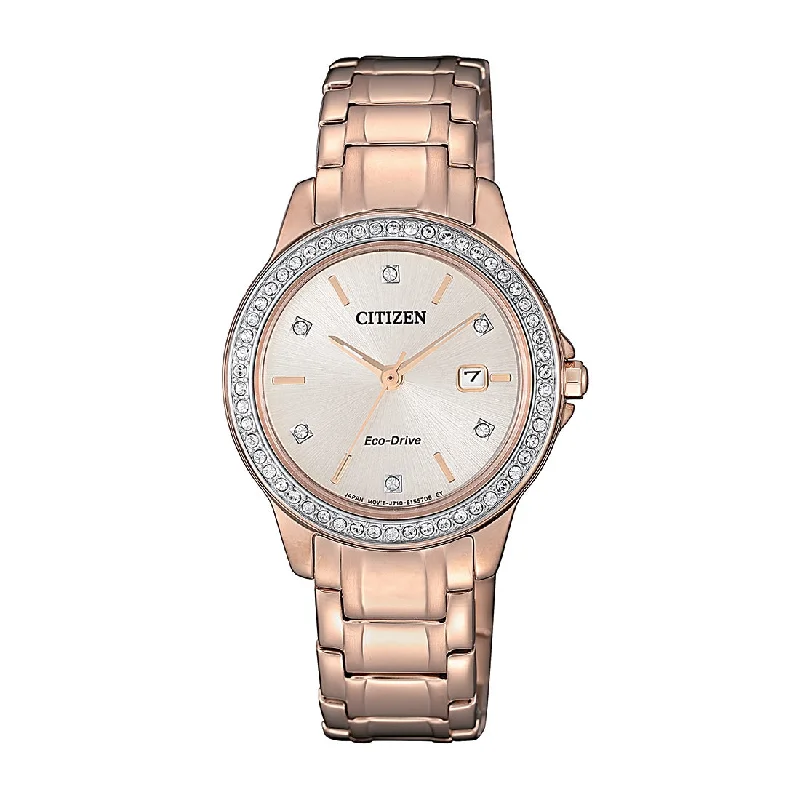 Citizen Ladies Eco Drive Swarovski Case Face Rose Gold Model FE1173-52A