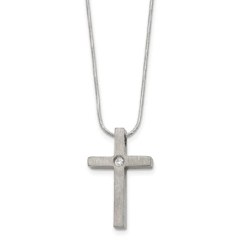 trendy necklaces for women -Women's Titanium, Stainless Steel & CZ Brushed Cross Necklace, 18 Inch