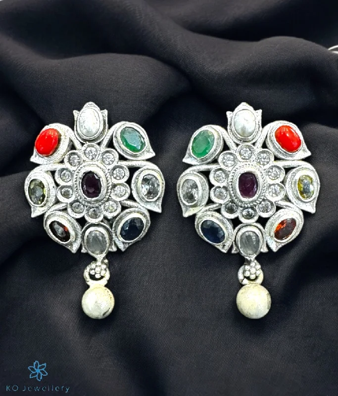 designer earrings for women -The Abhijita Silver Navratna Ear-studs (Oxidised)