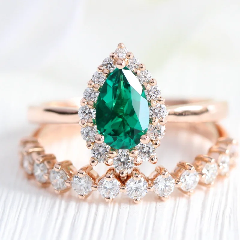 sapphire wedding engagement rings -Tiara Halo Pear Ring Bridal Set w/ Emerald and 4 Prong Diamond Band