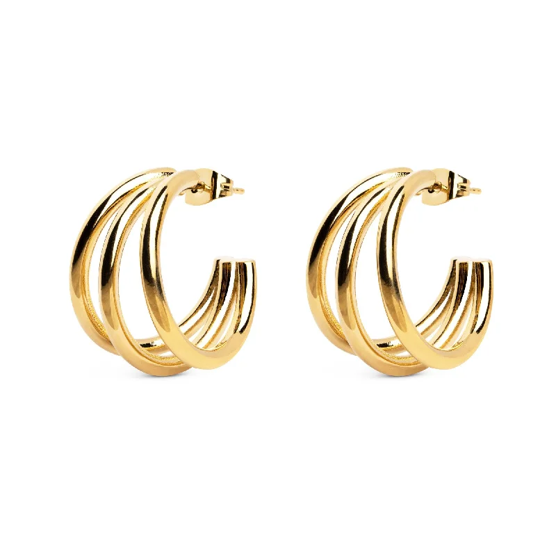 sparkling earrings for women -Triple Hoop Gold Earrings