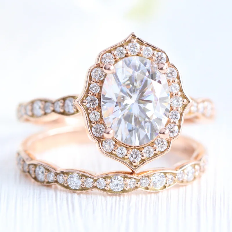 matching engagement rings for couples -Large Vintage Floral Oval Ring Set w/ Moissanite and Matching Diamond Band