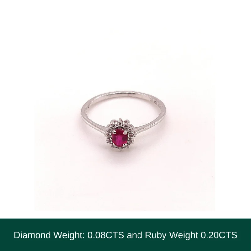 radiant cut engagement rings for women -18KT White Gold Ring with Natural Ruby & Diamonds