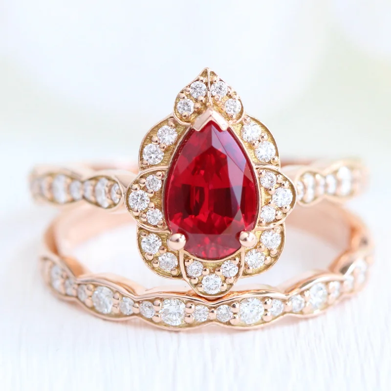 large gemstone engagement rings -Vintage Floral Pear Ruby Ring Set w/ Matching Scalloped Diamond Wedding Band