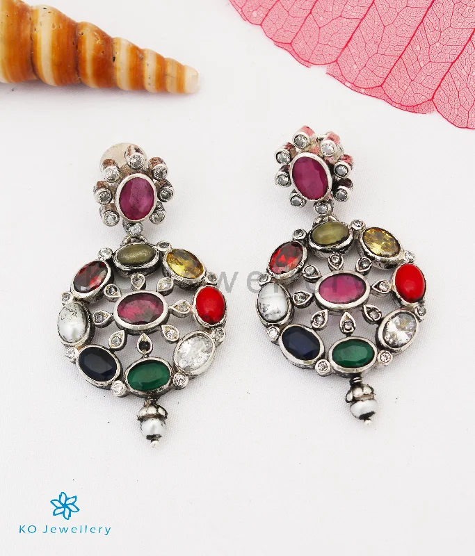 vintage-style earrings for women -The Payal Silver Navratna Earrings (Oxidised)