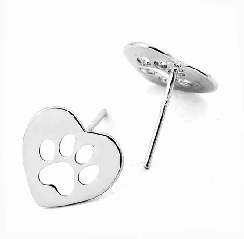 pearl stud earrings for women -Stainless Steel Heart with Paw Print Stud Earrings