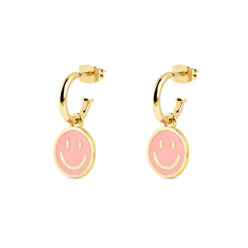 silver drop earrings for women -Smiley Rose Enamel Gold Hoop Earrings