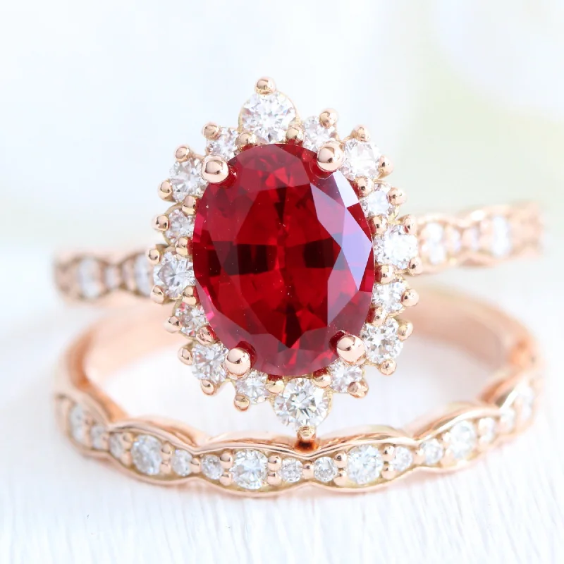 heirloom-style engagement rings -Large Tiara Halo Oval Ruby Ring Set w/ Scalloped Diamond Wedding Band