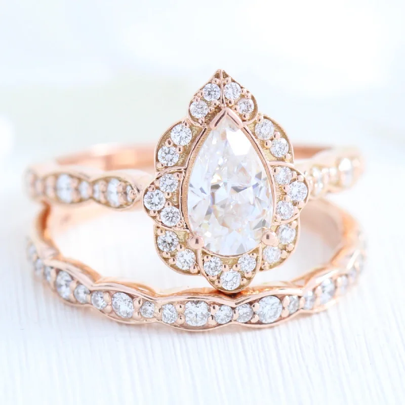 halo engagement rings for women -Vintage Floral Pear Ring Bridal Set w/ Moissanite and Matching Diamond Band