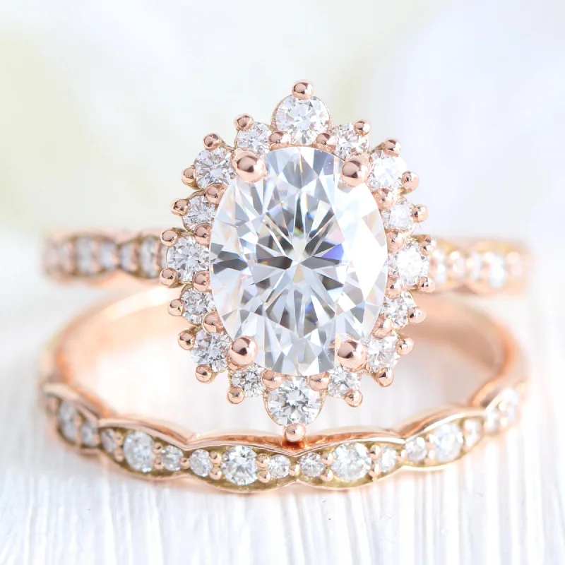 timeless engagement rings for women -Large Tiara Halo Scalloped Ring Set w/ Oval Moissanite and Matching Diamond Band