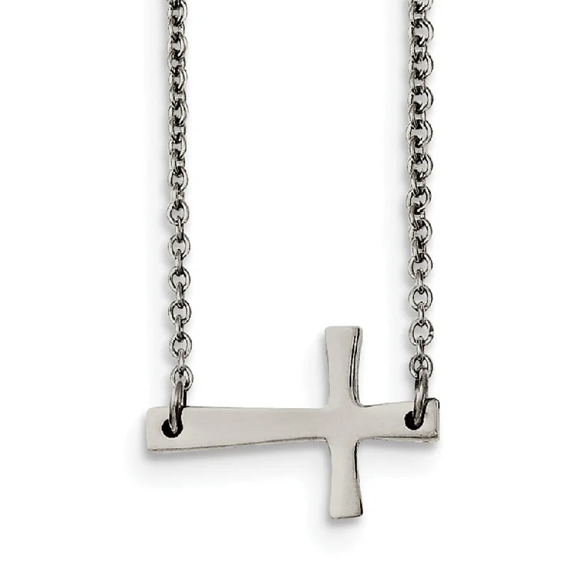 bold necklaces for women -Polished Sideways Cross Necklace in Stainless Steel, 16.75 Inch