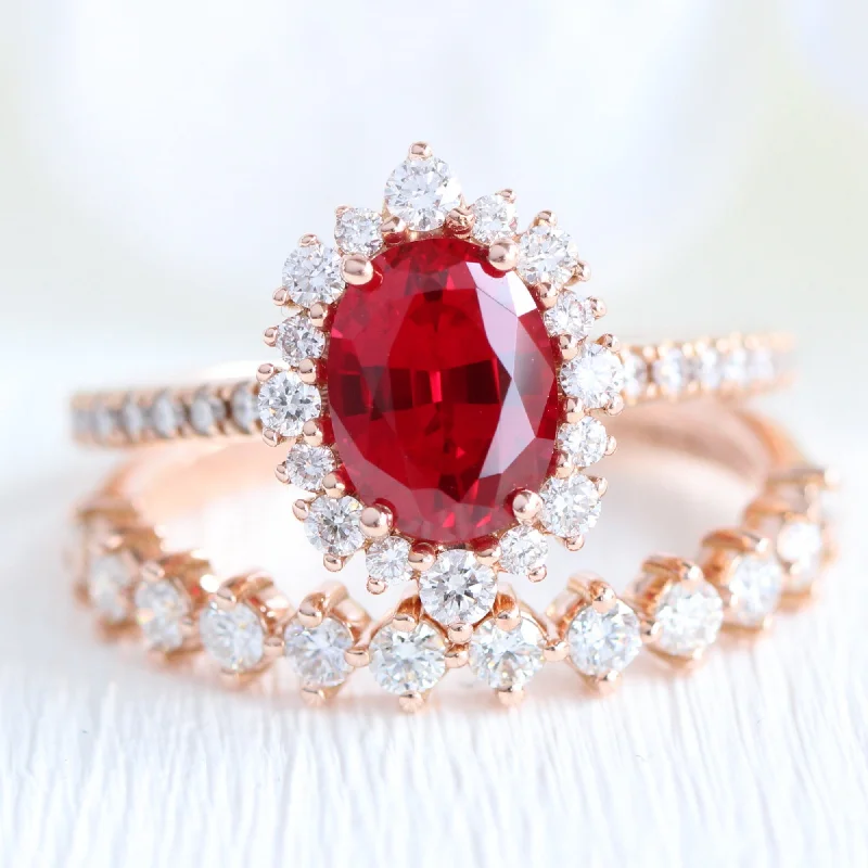 trendy engagement rings for women -Tiara Halo Oval Ruby Bridal Ring Set w/ Half Eternity Diamond Wedding Band