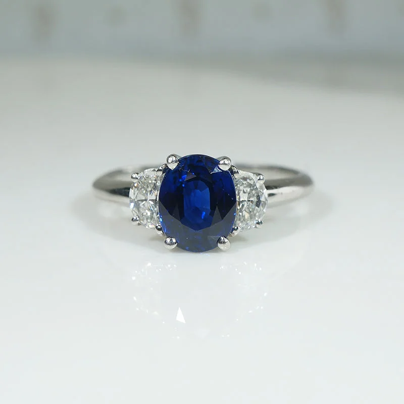 anniversary engagement rings for women -Midnight Blue Sapphire & Half Moon Diamonds Platinum Ring