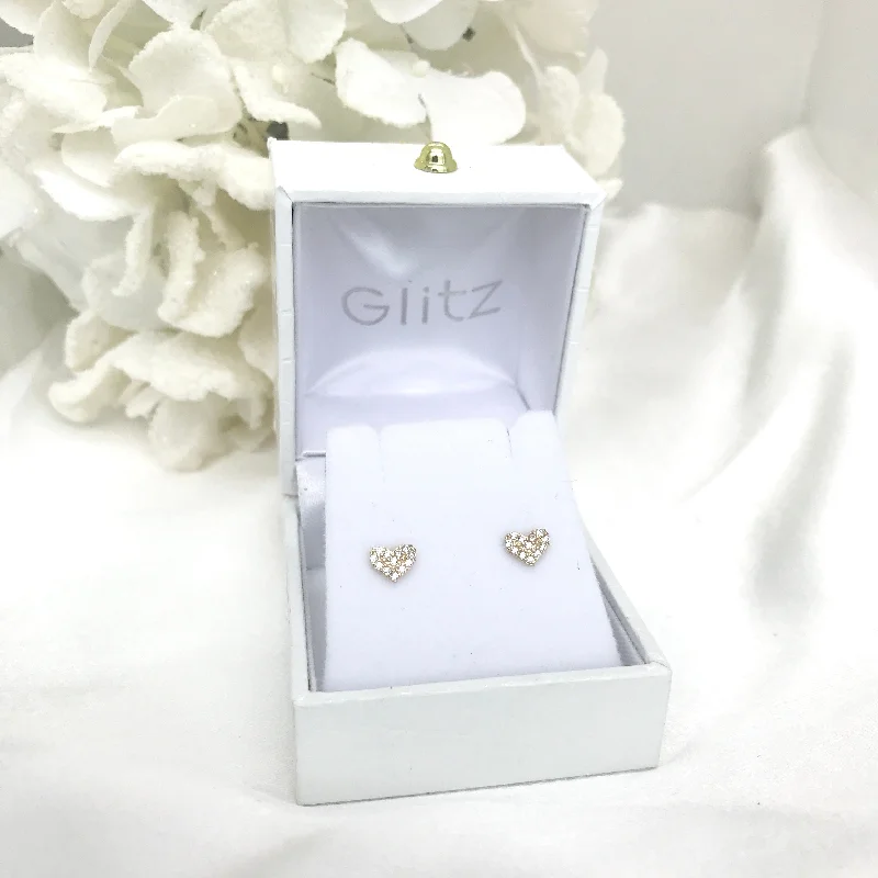 bridal earrings for women -14k Yellow Gold Cluster CZ Heart Screw back Earrings