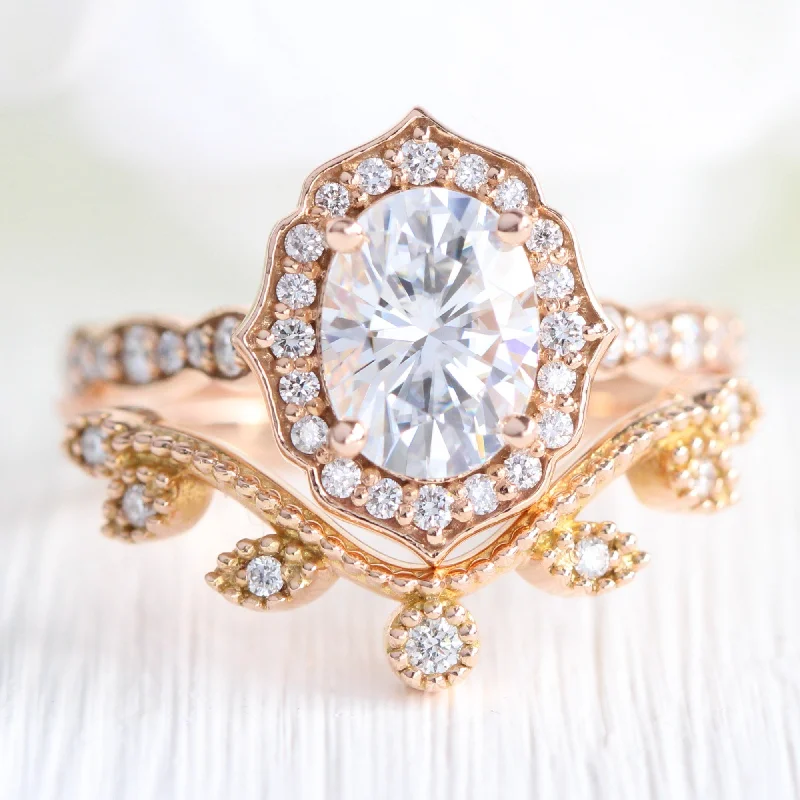 radiant-cut engagement rings for women -Vintage Floral Oval Ring Bridal Set w/ Moissanite and Curved Leaf Diamond Band