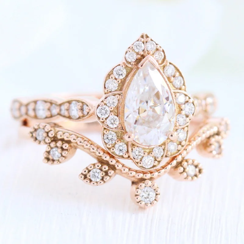 luxury engagement rings for women -Vintage Floral Pear Ring Bridal Set w/ Moissanite and Curved Leaf Diamond Band