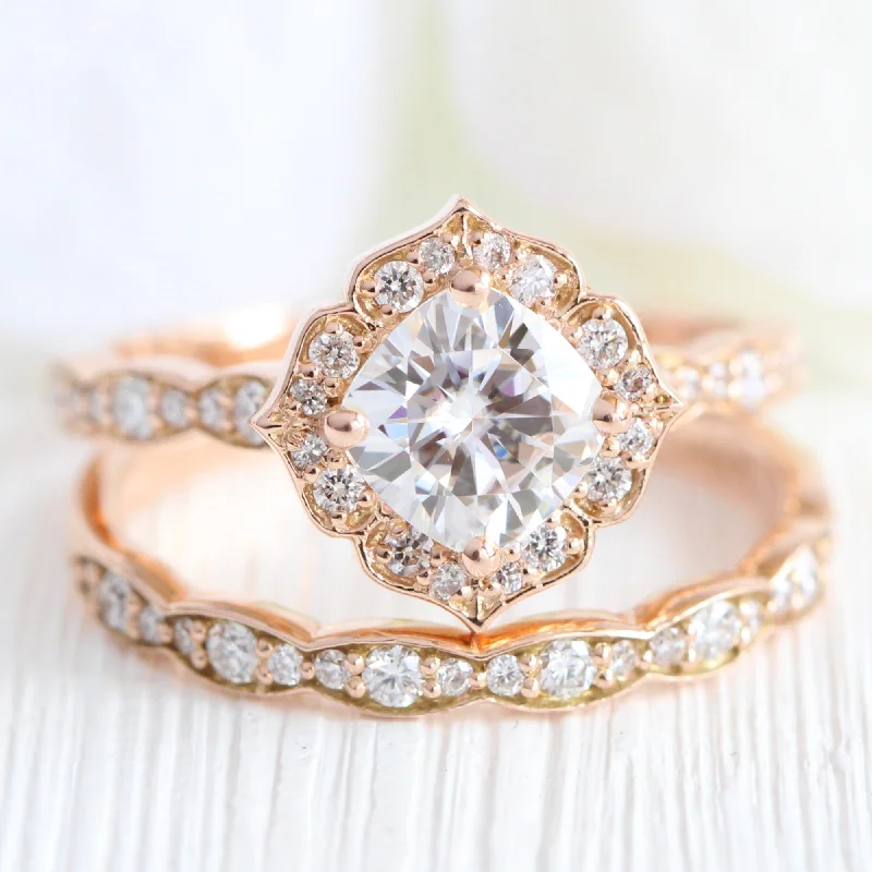 classic solitaire engagement rings -Mini Vintage Floral Ring Bridal Set w/ Moissanite and Matching Diamond Band