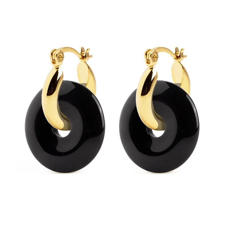 elegant earrings for women -Bella Onyx Hoop Gold Earrings