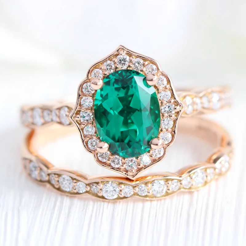 affordable engagement rings for women -Vintage Floral Oval Ring Bridal Set w/ Emerald and Diamond in Scalloped Diamond Band