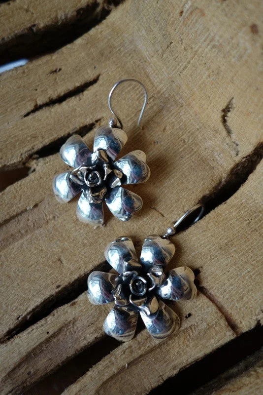 silver stud earrings for women -Sterling Silver Earrings Flower-Hang