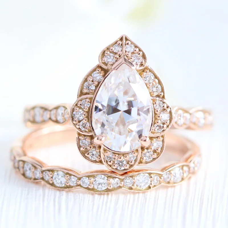 antique engagement rings for women -Large Vintage Floral Pear Ring Set w/ Moissanite and Matching Diamond Band