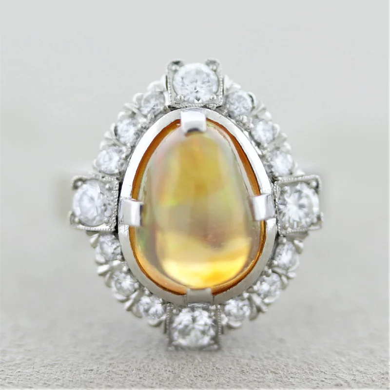 cushion halo engagement rings -Mid-Century Fire Opal Diamond Platinum Ring