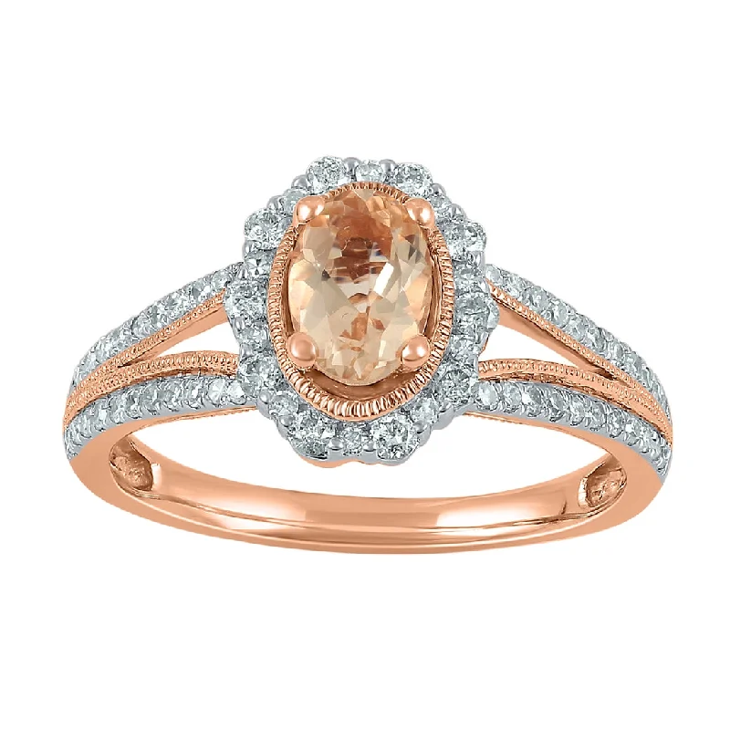 elegant necklaces for women -9ct Rose Gold Oval Morganite Ring with 0.42ct of Diamonds