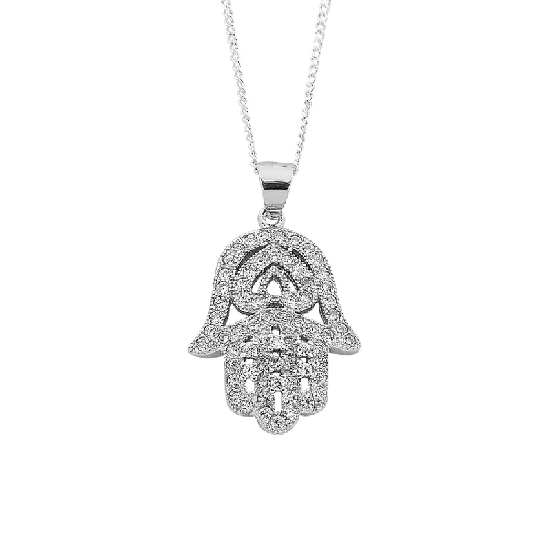 chunky necklaces for women -Sterling Silver White Cubic Zirconia Hamsa Hand Pendant Curb Necklace