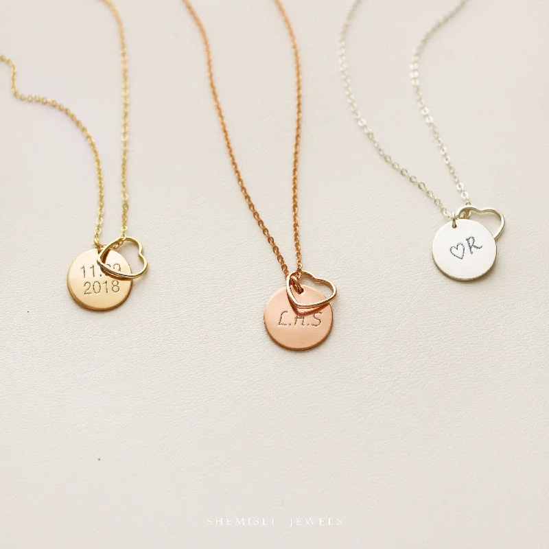 diamond necklaces for brides -Initial Disc And Heart Necklace, Small Heart, Love Necklace, Gift For Her, Gift For Friends, Unisex, Gold Filled, Silver • NDV13WHT