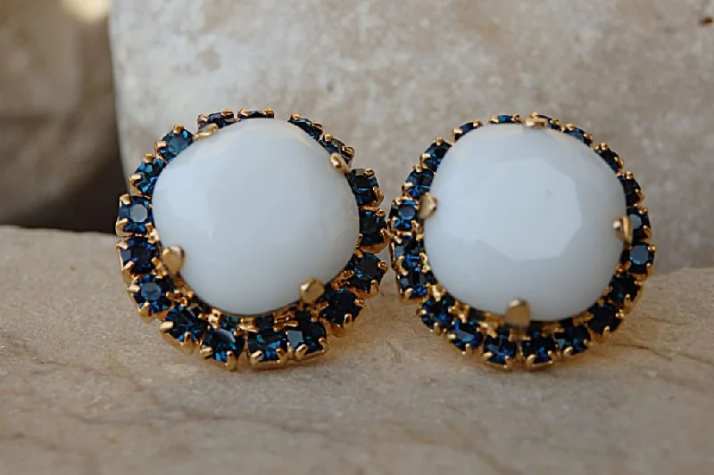 chic earrings for women -White and Deep Blue Stud Earrings