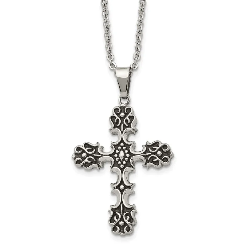 layered necklaces for women -Stainless Steel Antiqued Ornate Cross Necklace, 22 Inch