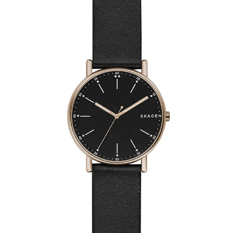 Skagen Signatur Rose Gold and Black Leather Watch SKW6401