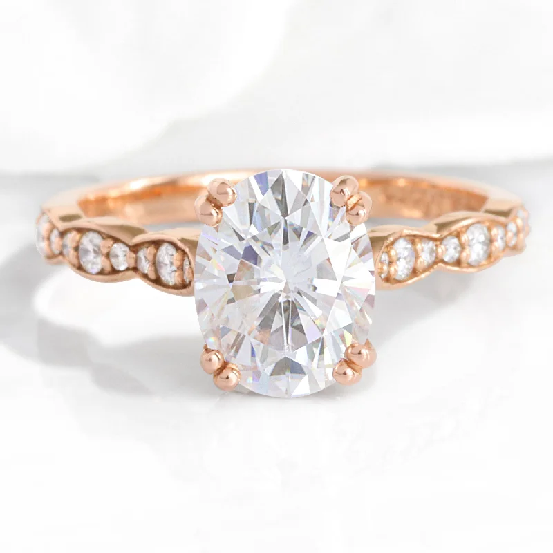 anniversary engagement rings for women -Oval Moissanite Solitaire Ring in 14k Rose Gold Scalloped Diamond Band, Size 5.75