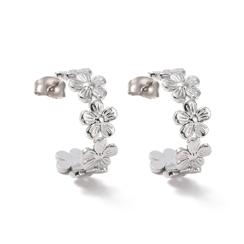 silver hoop earrings for women -Stainless Steel Flower Hoop Earrings