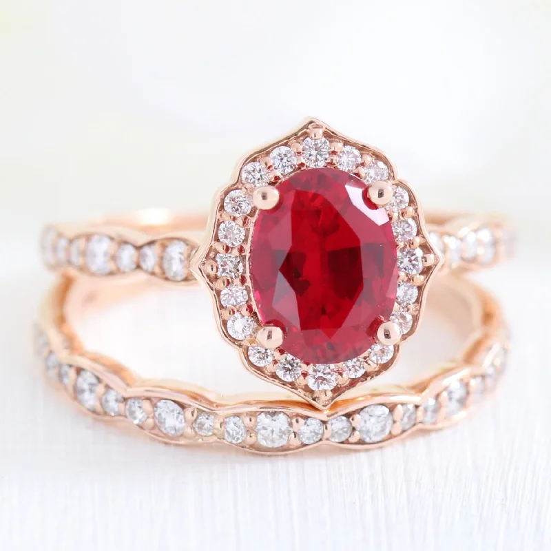 bridal engagement rings for women -Vintage Floral Bridal Ring Set w/ Oval Ruby and Scalloped Diamond Band