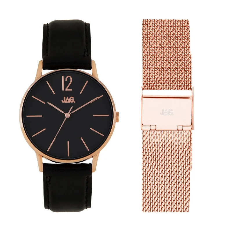 Jag Rose Gold Case Black Face Leather Band Set Model J2183