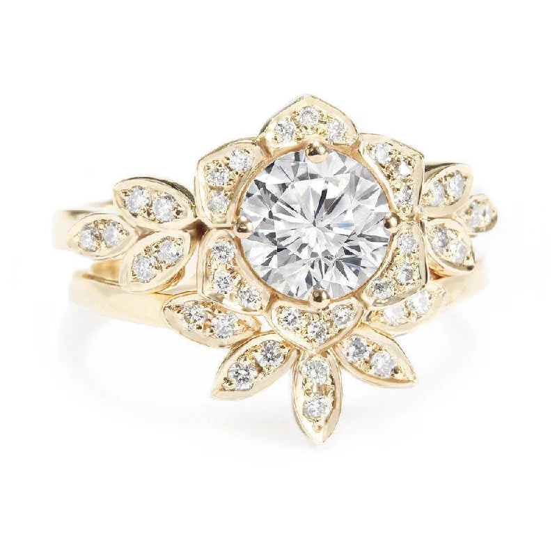 three-stone engagement rings for women -1 Carat Diamond Flower Engagement Two Rings Set "Lily Flower" ♥