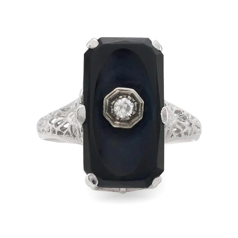 classic platinum engagement rings -Art Deco old European cut diamond onyx 14k white gold ring