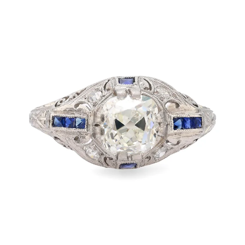 custom engagement rings for brides -Art Deco GIA 1.14 carat old mine cut diamond sapphire platinum ring