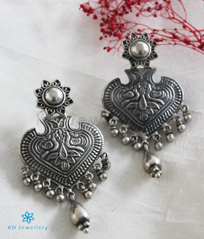 multi-strand earrings for women -The Dhvajin Silver Peacock Earrings (Oxidised)