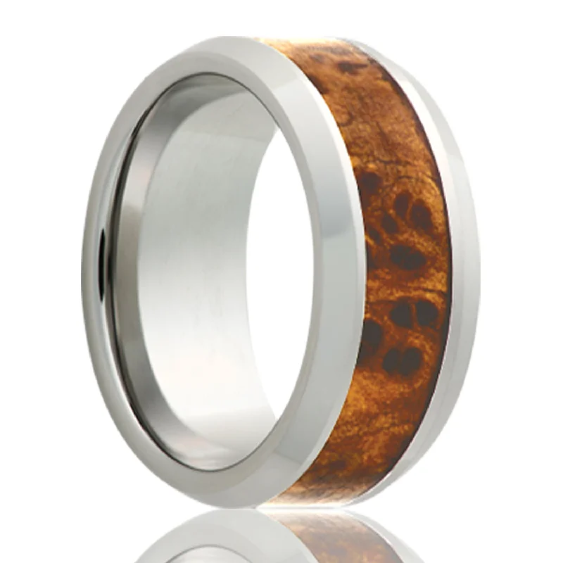 diamond halo engagement rings for women -Tungsten 8mm Beveled Edge Men's Wedding Band with Burl Wood Inlay