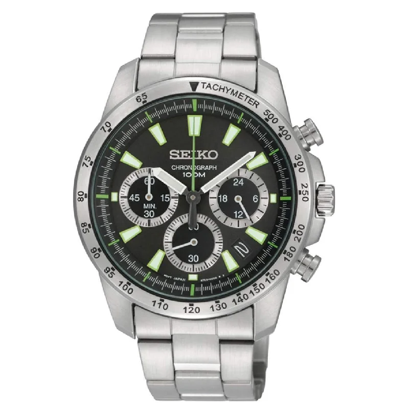 Seiko Chronograph Green and Black Dial,Silver Band Men's Watch