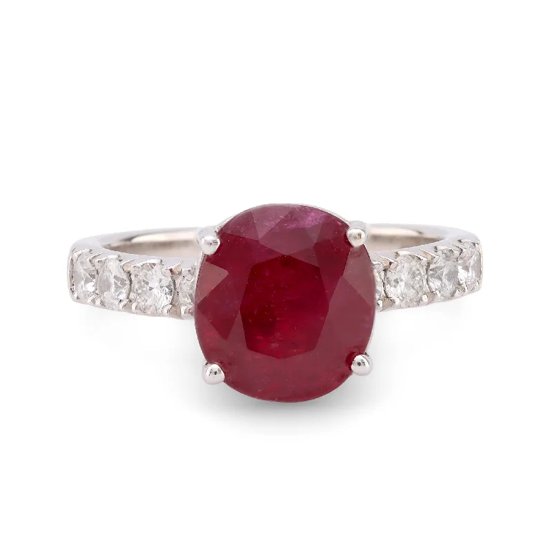 engagement rings with intricate designs -Confident GIA 3.7 carat oval cut ruby diamond 18k white gold ring