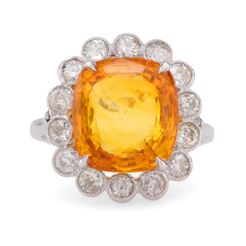 romantic engagement rings for women -French Art Deco GIA 11.22 carat orange sapphire diamond platinum ring