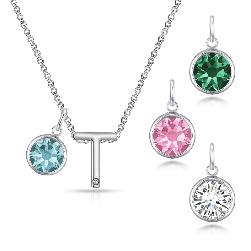 elegant silver necklaces for women -Initial T Necklace with Birthstone Charm Created with Zircondia® Crystals